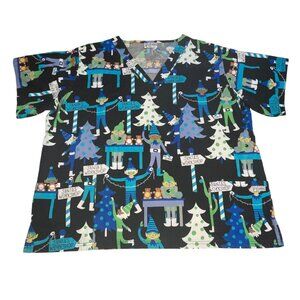 Uniform Advantage Scrub Top Plus Sz 4XL Black Santa's Workshop Elves Holiday
